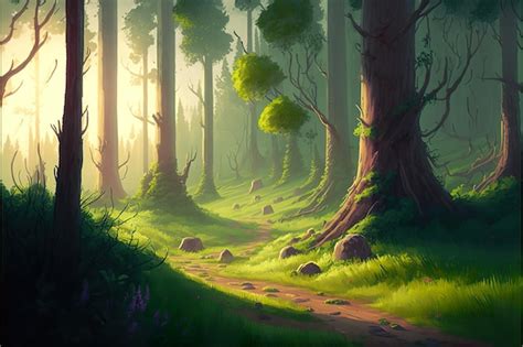 Premium Photo | Landscape painting of beautiful forest with sunlight