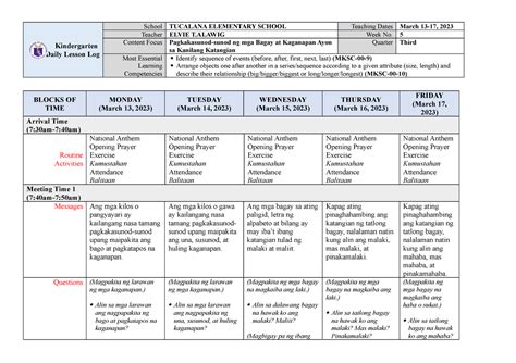 Kindergarten Dll Melc Q3 Week 5 Asf Kindergarten Daily Lesson Log