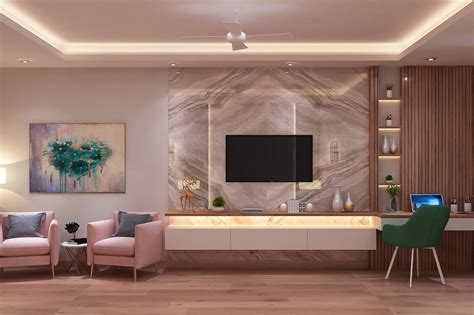 Spacious Tv Unit Design With Open Wooden Rack And Led Lighting Livspace