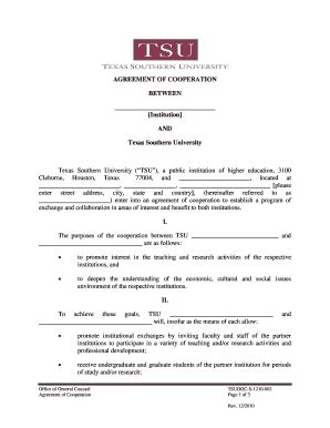 Fillable Online Tsu Agreement Of Cooperation Between Texas Southern