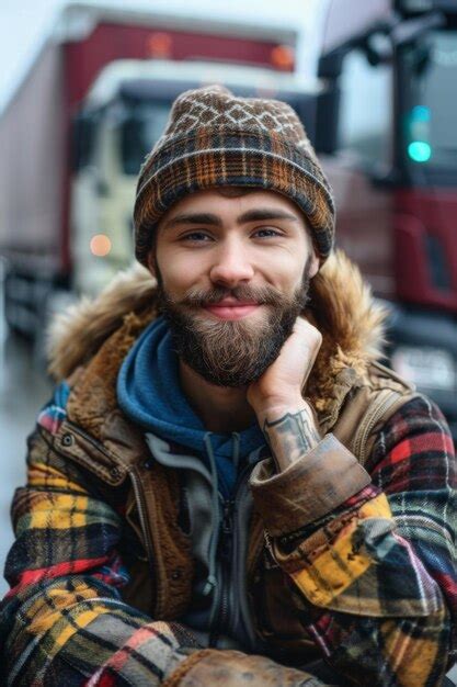 Premium Photo Man With Beard Wearing Hat And Scarf