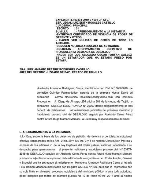 Modelo De Nulidad De Actuados Contra Abogado Estafador Pdf Debido