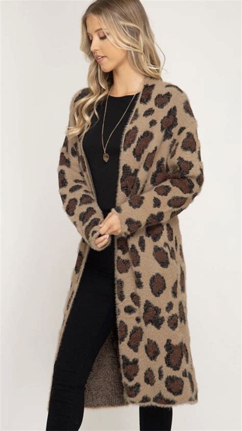 The Luxe Fuzzy Knit Leopard Cardigan Long Sweaters Cardigan Long