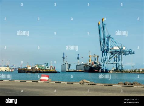 Djibouti City Port Cargo Terminal With Cranes Floating Docks And Ships
