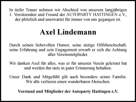 Traueranzeigen Von Axel Lindemann Trauer In NRW De