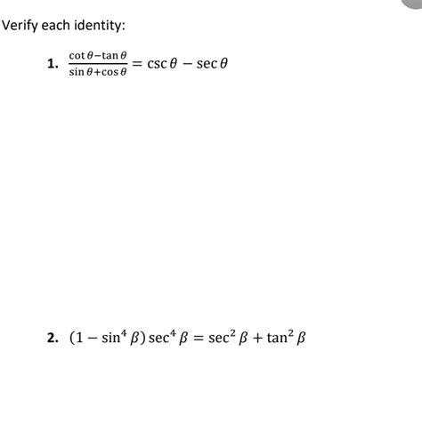 Solved Verify each identity 1 cot θ tan θ sin θ cos θ csc θ