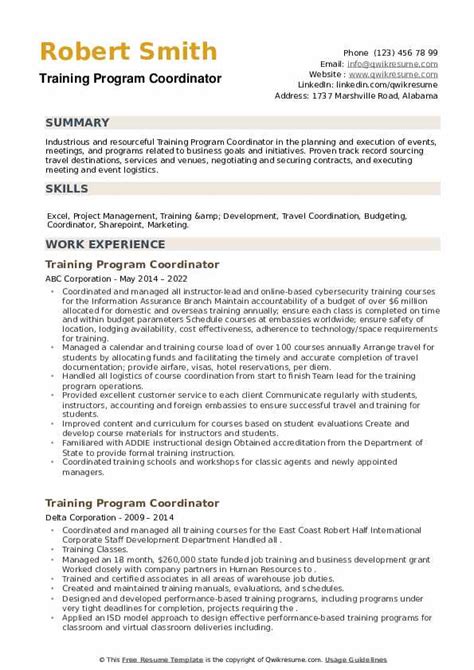 Training Program Coordinator Resume Samples Qwikresume