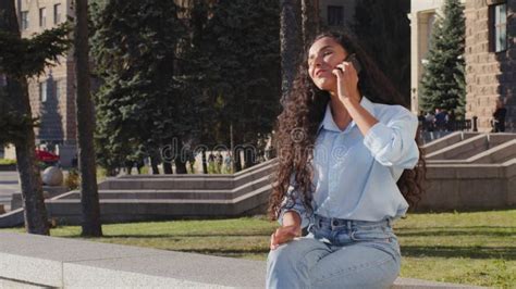 Attractive Happy Young Girl Brunette Woman Talking On Mobile Phone