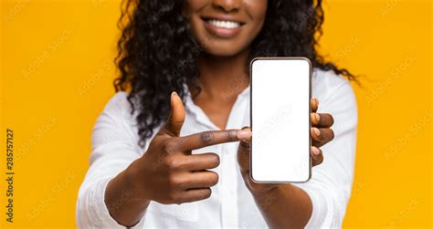 Happy Black Woman Holding Latest Slim Smartphone Photos Adobe Stock