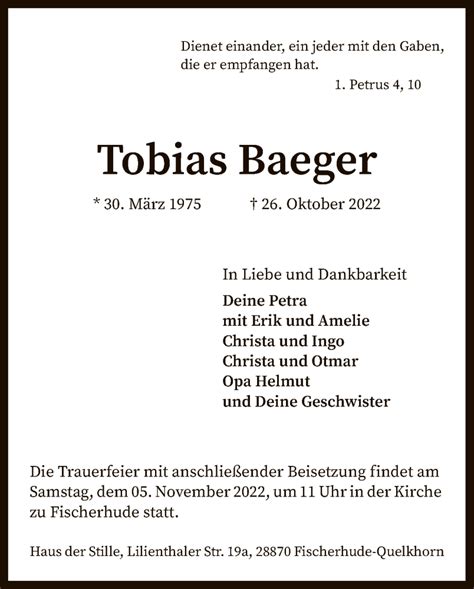 Traueranzeigen Von Tobias Baeger Trauer Kreiszeitung De