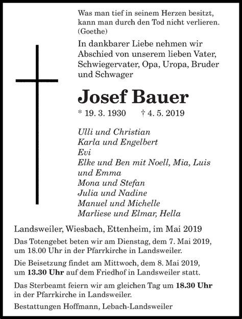 Traueranzeigen Von Josef Bauer Saarbruecker Zeitung Trauer De