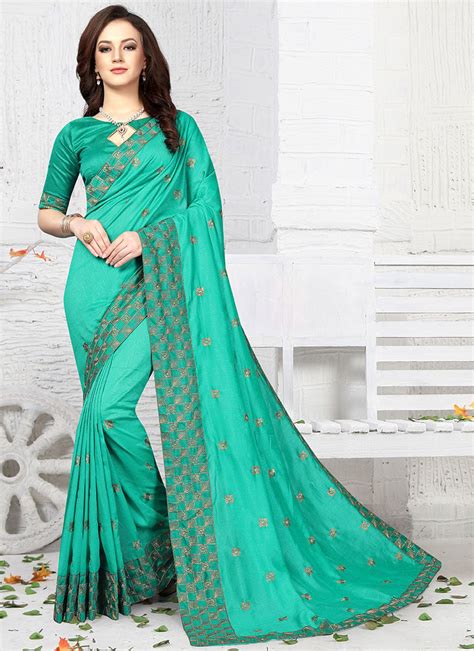 Buy Turquoise Embroidered Saree Embroidered Sari Online Shopping