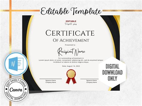 Editable Certificate of Achievement Template. Award Template. - Etsy