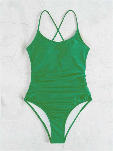 Boudoircore Solid Ruched Lace Up Backless One Piece Swimsuit Shein Usa