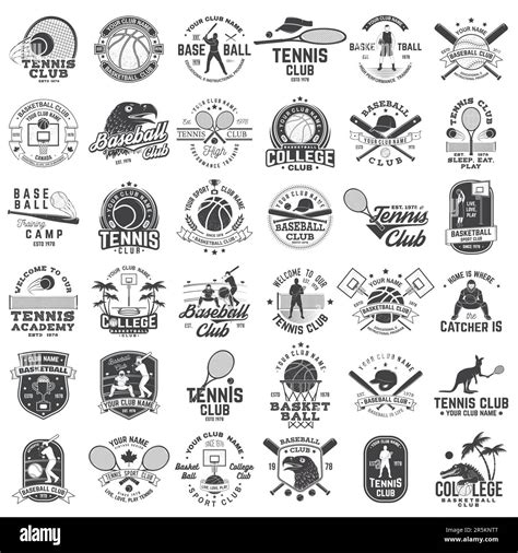 Set Of Basketball Tennis And Baseball Club Badge Emblem Or Sign Vector Concept For Shirt