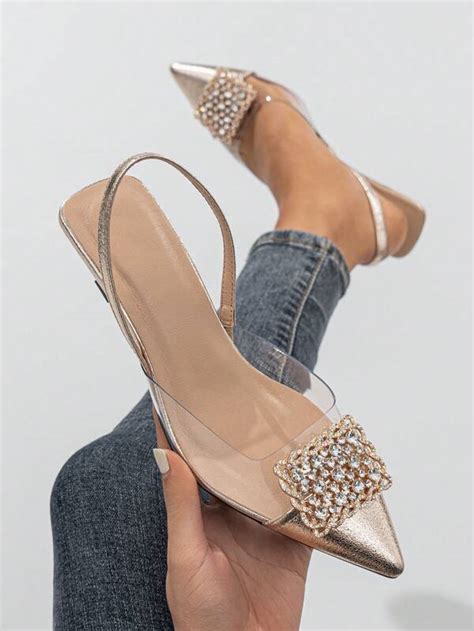 Glamorous Pumps For Women Metallic Rhinestone Decor Point Toe Pyramid