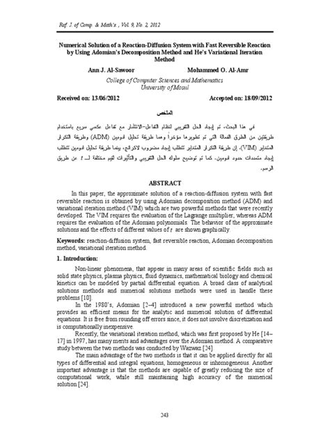 Pdf Numerical Solution Of A Reaction Diffusion System With Fast