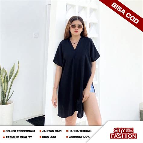 Jual Atasan Kaos Oversize Wanita Long Square Crinkle Airflow V Neck