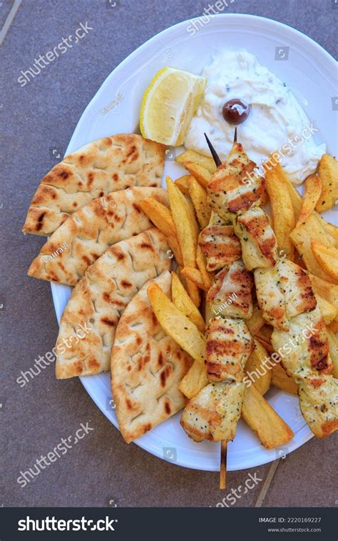 Plate Traditional Chicken Souvlaki Pita Bread Stock Photo 2220169227