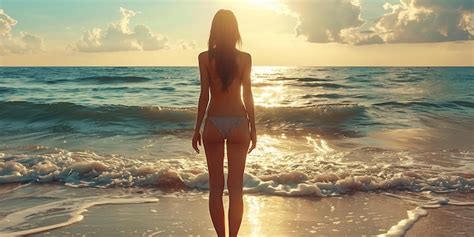 Woman In Bikini On The Sea Beach Model Hot Tanned Body Slim Figure Premium AI Generated Image