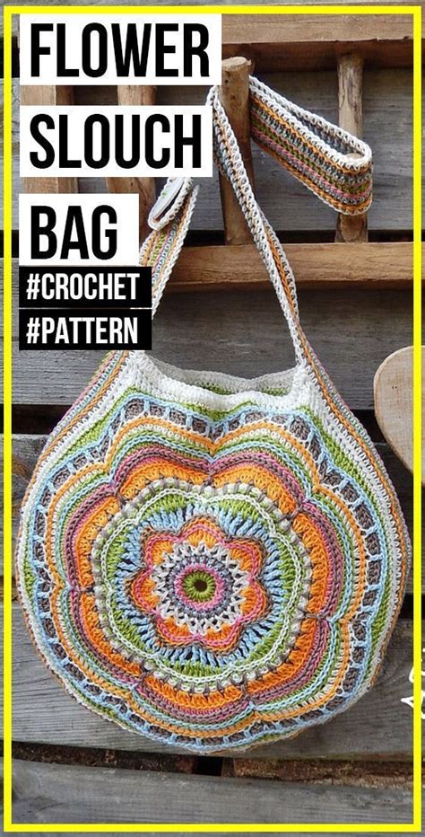 A Crocheted Bag With The Words Flower Slouch In Front Of It