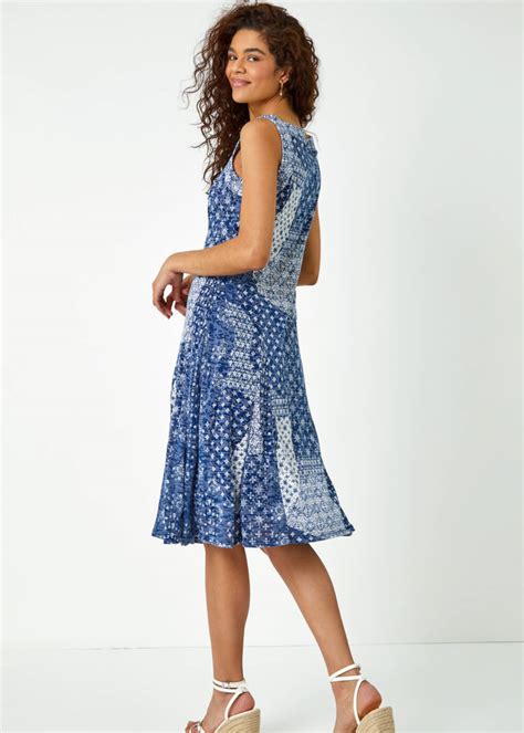 Roman Blue Patchwork Print Fit And Flare Skater Dress Matalan