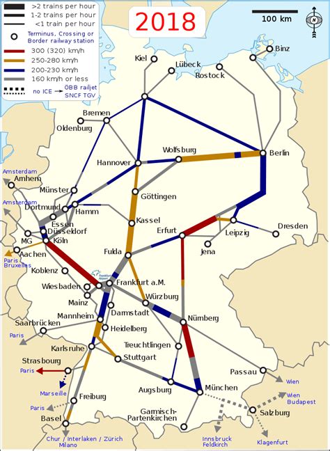 Map of the German ICE rail system, showing long-distance rail lines served by ICE trains ...