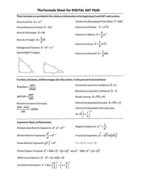 Formula Sheet For The SAT The Formula Sheet For DIGITAL SAT Math