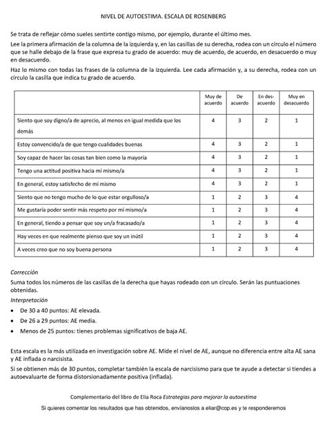 TEST Rosenberg NIVEL DE AUTOESTIMA ESCALA DE ROSENBERG Se Trata De
