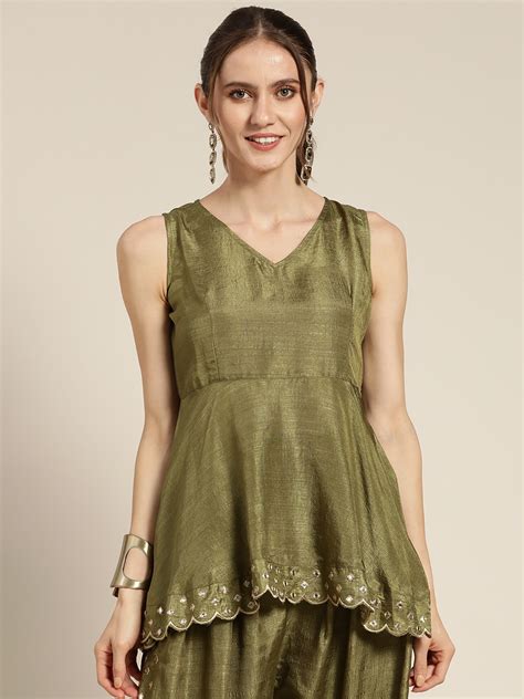 Buy Shae By Sassafras Olive Green Embroidered Mirror Work Peplum Top Tops For Women 19268094