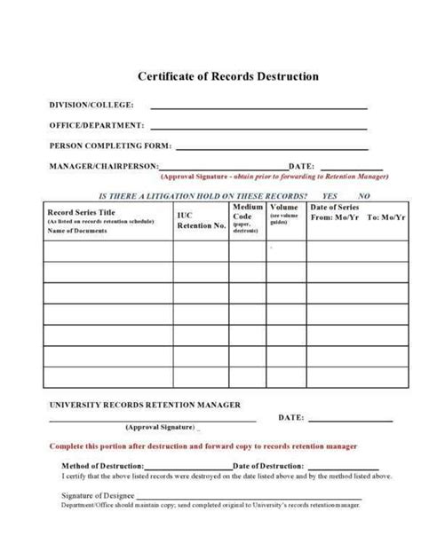 Useful Certificates Of Destruction Examples Printabletemplates