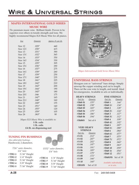 Product Specifications And Ordering Information For Mapes International Gold Series Music Wire