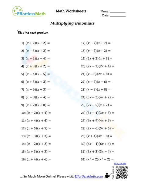 Multiplying 3 Binomials A Worksheet Pdf Printable Algebra