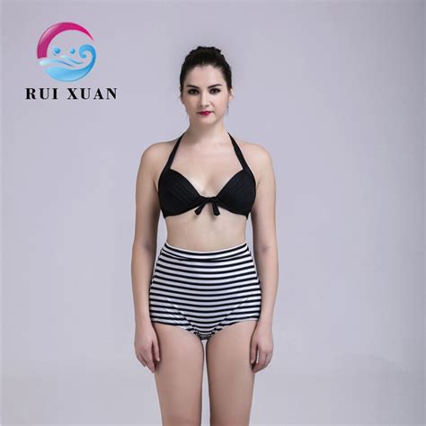 2018 Women High Waist Swimsuit Striped Flat Angle Bikini Beach Bathing