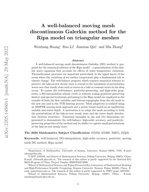 Pdf A Well Balanced Moving Mesh Discontinuous Galerkin Method For The Ripa Model On Triangular