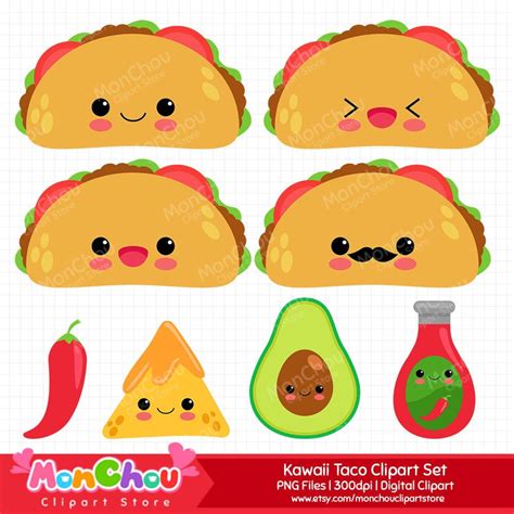 Kawaii Taco Clipart Cute Taco Clipart Set Instant Download - Etsy