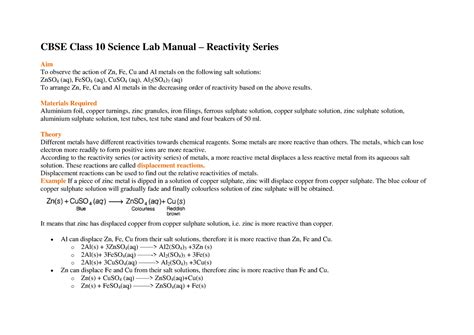 Cbse Class Science Lab Manual Reactivity Series Cbse Class