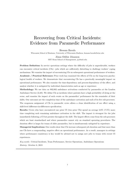 Pdf Recovering From Critical Incidents Evidence From Paramedic