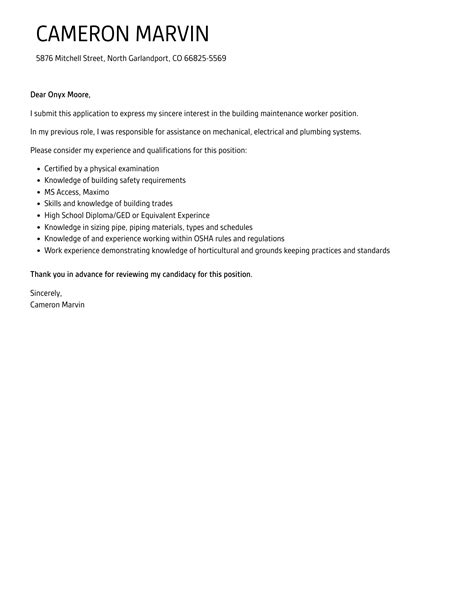 Building Maintenance Worker Cover Letter Velvet Jobs