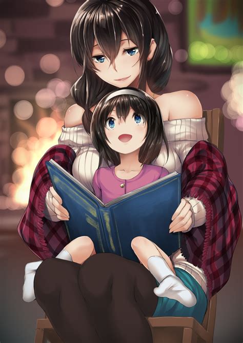 Safebooru 2girls Black Hair Blue Eyes Blurry Blush Bokeh Book Depth Of Field Hair Over