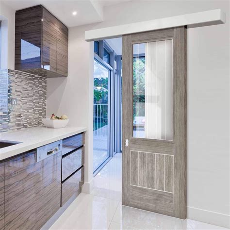 Single sliding door wall track laminate mexicano light grey door etched