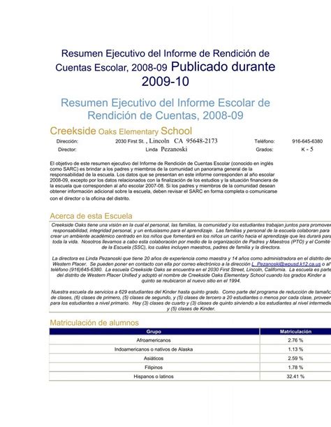 Resumen Ejecutivo del Informe Escolar de Rendición de Cuentas