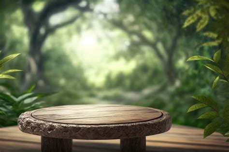 Une Table En Bois Dans Une Forêt Avec Un Fond Vert Et Un Arbre En