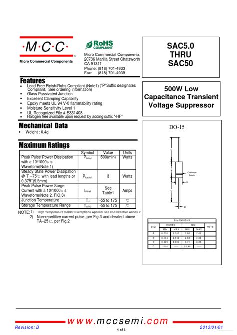 SAC45 Datasheet SAC5 0 SAC50 500W Low Capacitance Transient