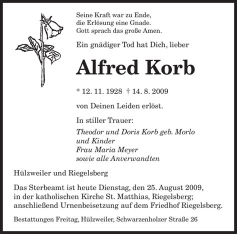 Traueranzeigen Von Alfred Korb Saarbruecker Zeitung Trauer De