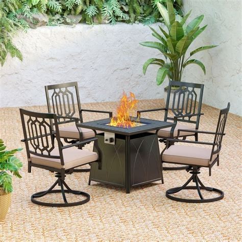 5-Piece Gas Fire Pit Table Outdoor Dining Set Steel Swivel Chairs with ...