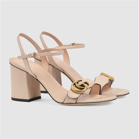 Shop The Dark Beige Leather Mid Heel Sandal With Double G At GUCCI