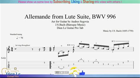 For Classical Guitar With Tabs J S Bach Allemande From Lute Suite