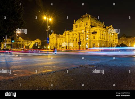 Long Exposure Of Cars In Front Of The Croatian National Theatre In