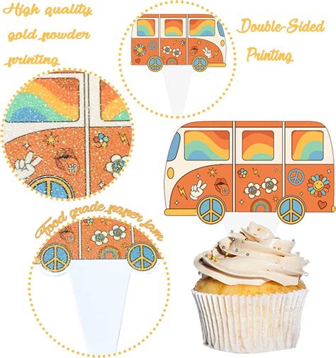 48pcs Hippie Party Cupcake Toppers Two Groovy Party Decorations Glitter